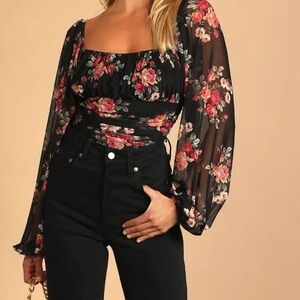 Lulus Tops | Bloom Into Autumn Black Floral Print Ruched Mesh Bodysuit | Size: M